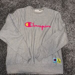 Champion Heather Gray Sweatshirt with Pink and Yellow Logo